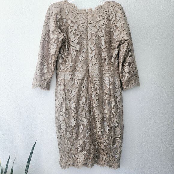 Tadashi Shoji Embroidered Sequin Lace Sand Beige Cocktail Dress Size 12 - Picture 10 of 13